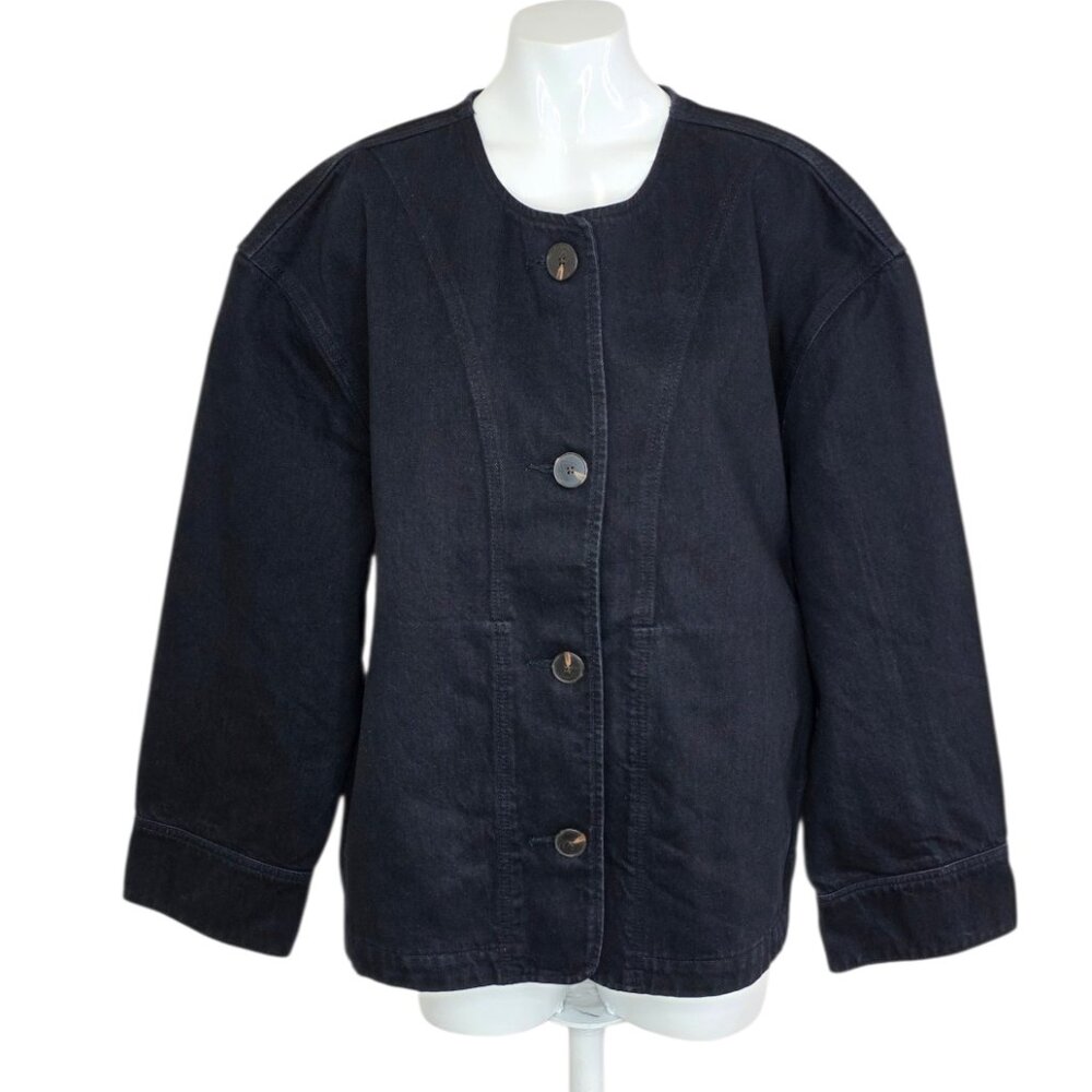 Everlane Dark Navy Round-Neck Button Bomber Jacket